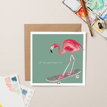 Load image into Gallery viewer, Flamingo on Skateboard Birthday card - lil wabbit