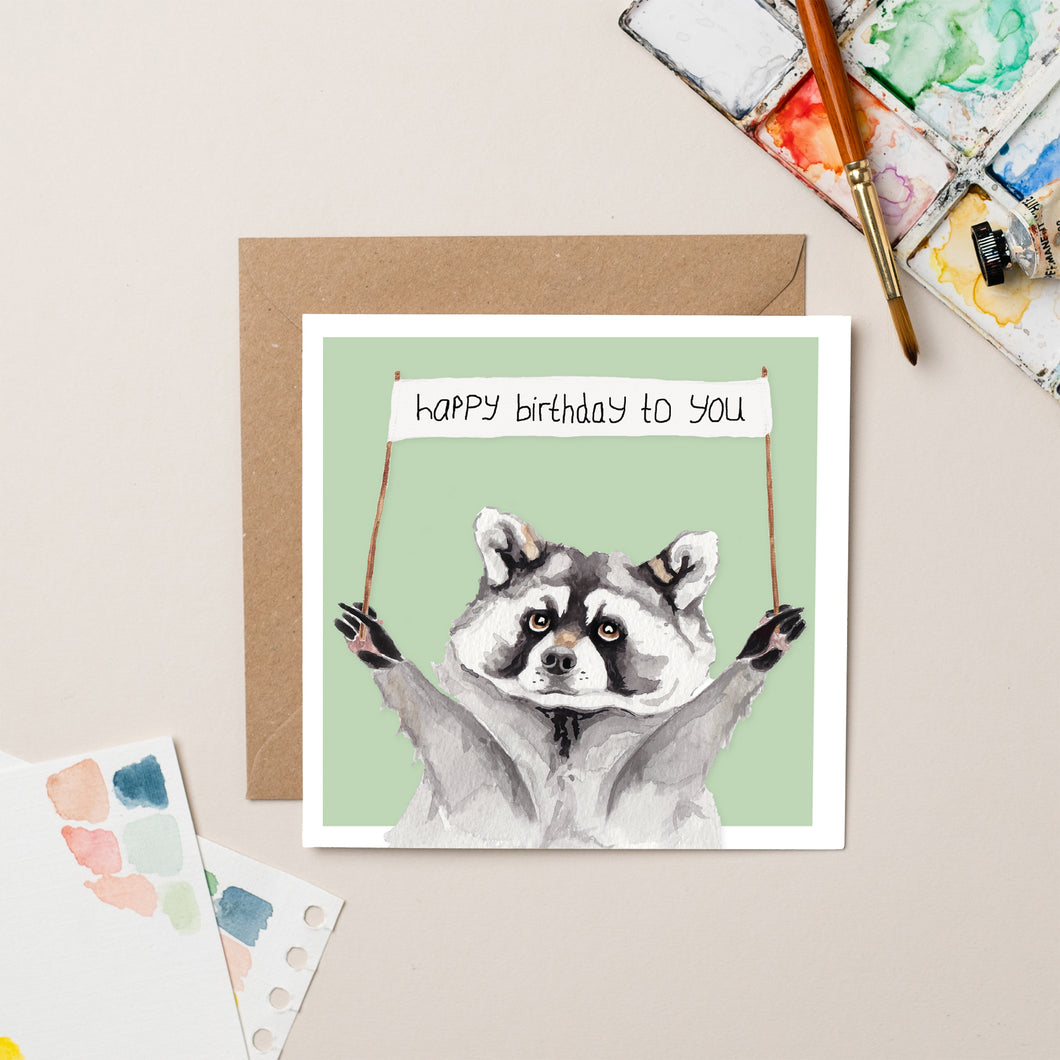 Raccoon Birthday card in Sage - lil wabbit