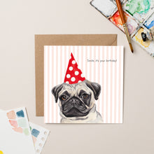 Load image into Gallery viewer, Party Pug with Stripes card - lil wabbit