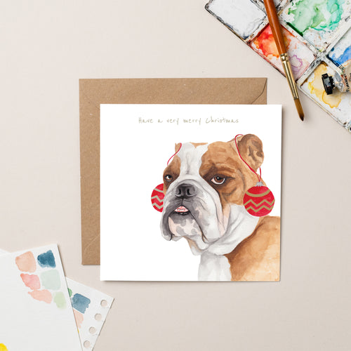 Bulldog with Bauble Ears Christmas card with Gold Foil - Lil wabbit