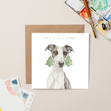 Load image into Gallery viewer, Lurcher with Tree Earrings Christmas card with Gold Foil - lil wabbit