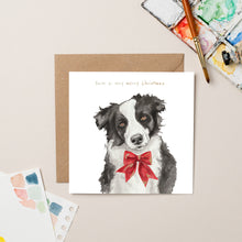 Load image into Gallery viewer, Collie with Bow Christmas card with Gold Foil - lil wabbit