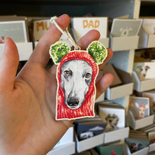 Load image into Gallery viewer, Greyhound in Wooly Hat Christmas Wooden Decoration