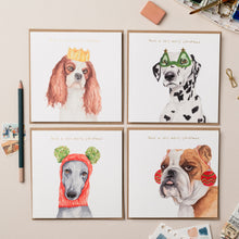 Load image into Gallery viewer, Greyhound in Wooly Hat Christmas card with Gold Foil - lil wabbit