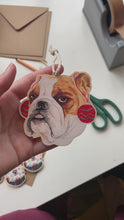 Load and play video in Gallery viewer, English Bulldog with Bauble Earrings Christmas Wooden Decoration