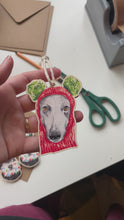 Load and play video in Gallery viewer, Greyhound in Wooly Hat Christmas Wooden Decoration