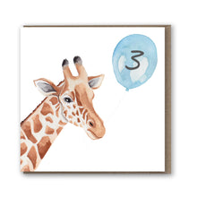 Load image into Gallery viewer, A painting of a giraffe holding a third birthday balloon printed on a birthday card