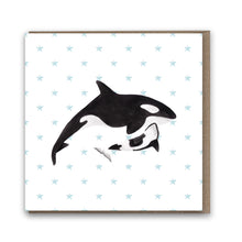 Load image into Gallery viewer, A watercolour painting of an orca parent and baby on a greeting card with a blue star background