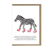 Load image into Gallery viewer, Zebra on roller skates card - lil wabbit
