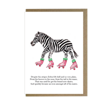 Load image into Gallery viewer, Zebra on roller skates card - lil wabbit