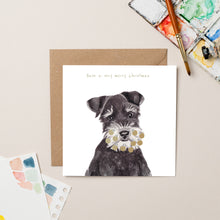 Load image into Gallery viewer, Schnauzer with Bauble Beard Christmas card with Gold Foil - lil wabbit
