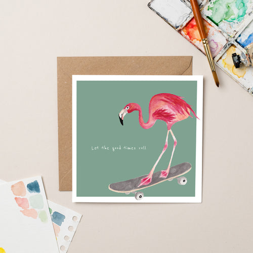 Flamingo on Skateboard Birthday card - lil wabbit