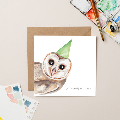 Owl Looking for Cake Birthday card - lil wabbit