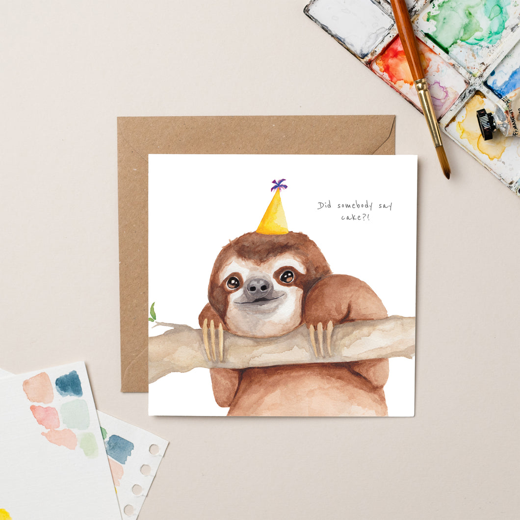 Sloth Looking For Cake Birthday card - lil wabbit
