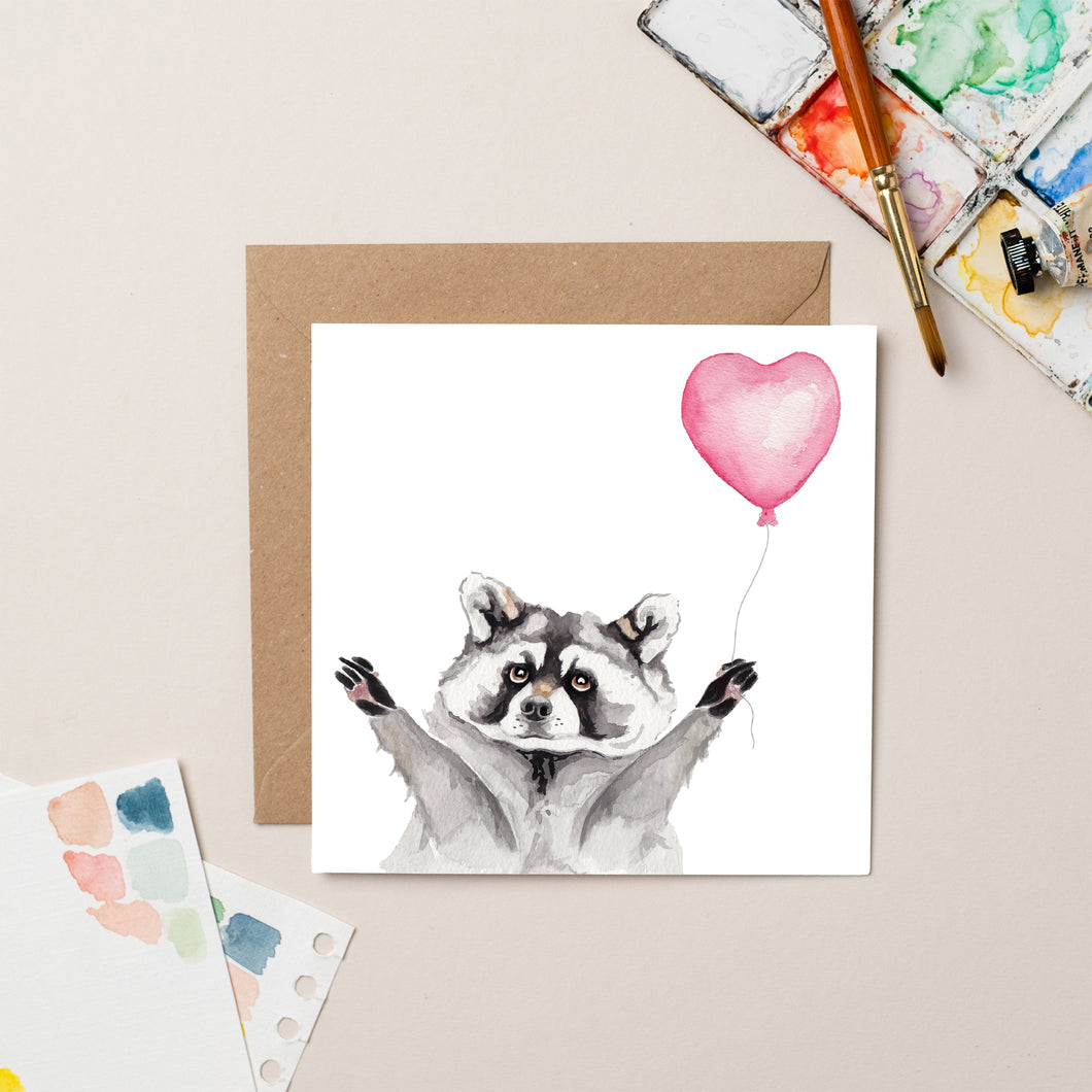 Raccoon with Heart Balloon card - lil wabbit