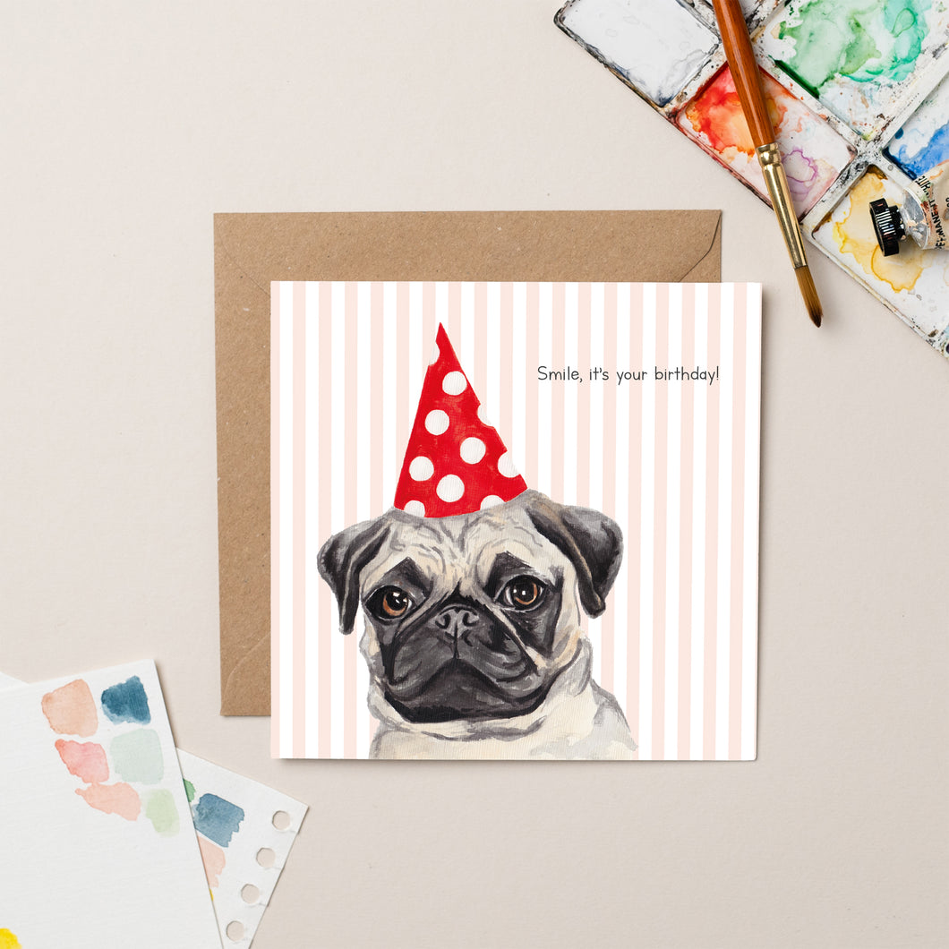 Party Pug with Stripes card - lil wabbit