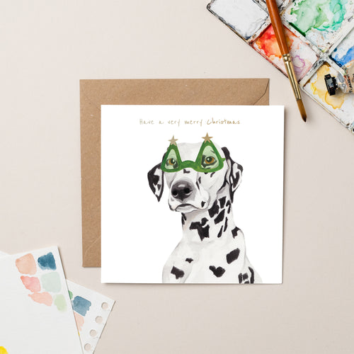 Dalmatian with Tree Glasses Christmas card with Gold Foil - lil wabbit