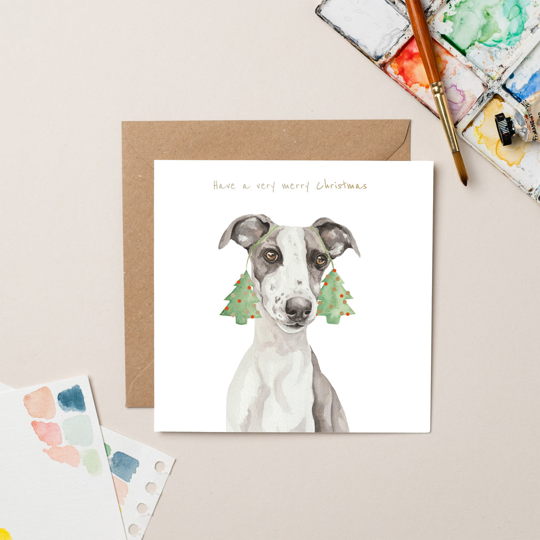 Lurcher with Tree Earrings Christmas card with Gold Foil - lil wabbit
