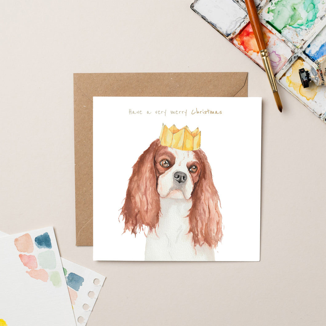 King Charles Spaniel in Crown Christmas card with Gold Foil - lil wabbit