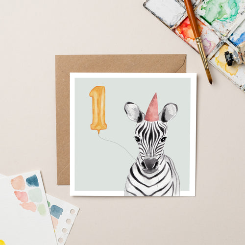 Zebra 1st Birthday card - lil wabbit
