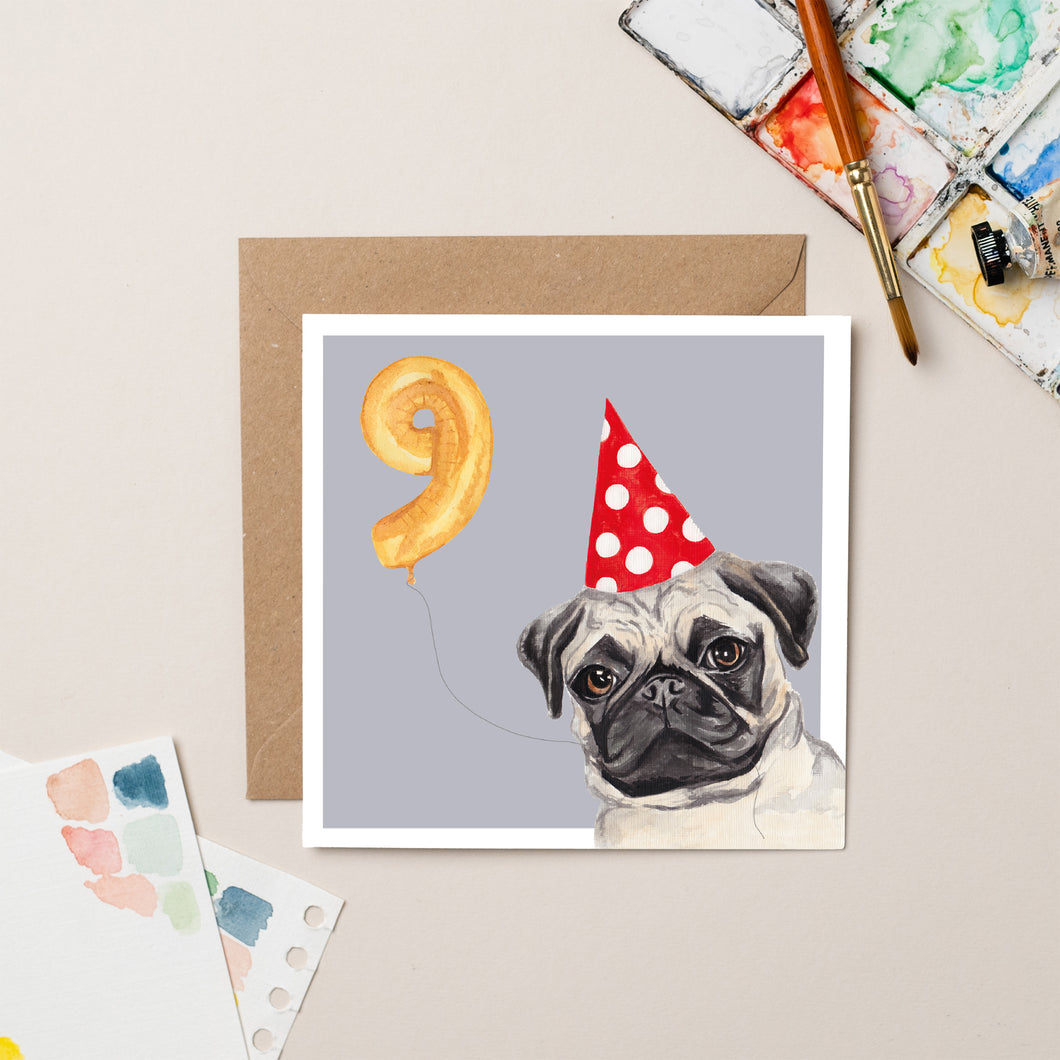 Pug 9th Birthday card - lil wabbit