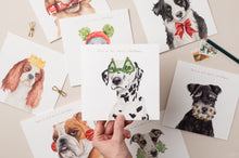 Load image into Gallery viewer, Greyhound in Wooly Hat Christmas card with Gold Foil - lil wabbit
