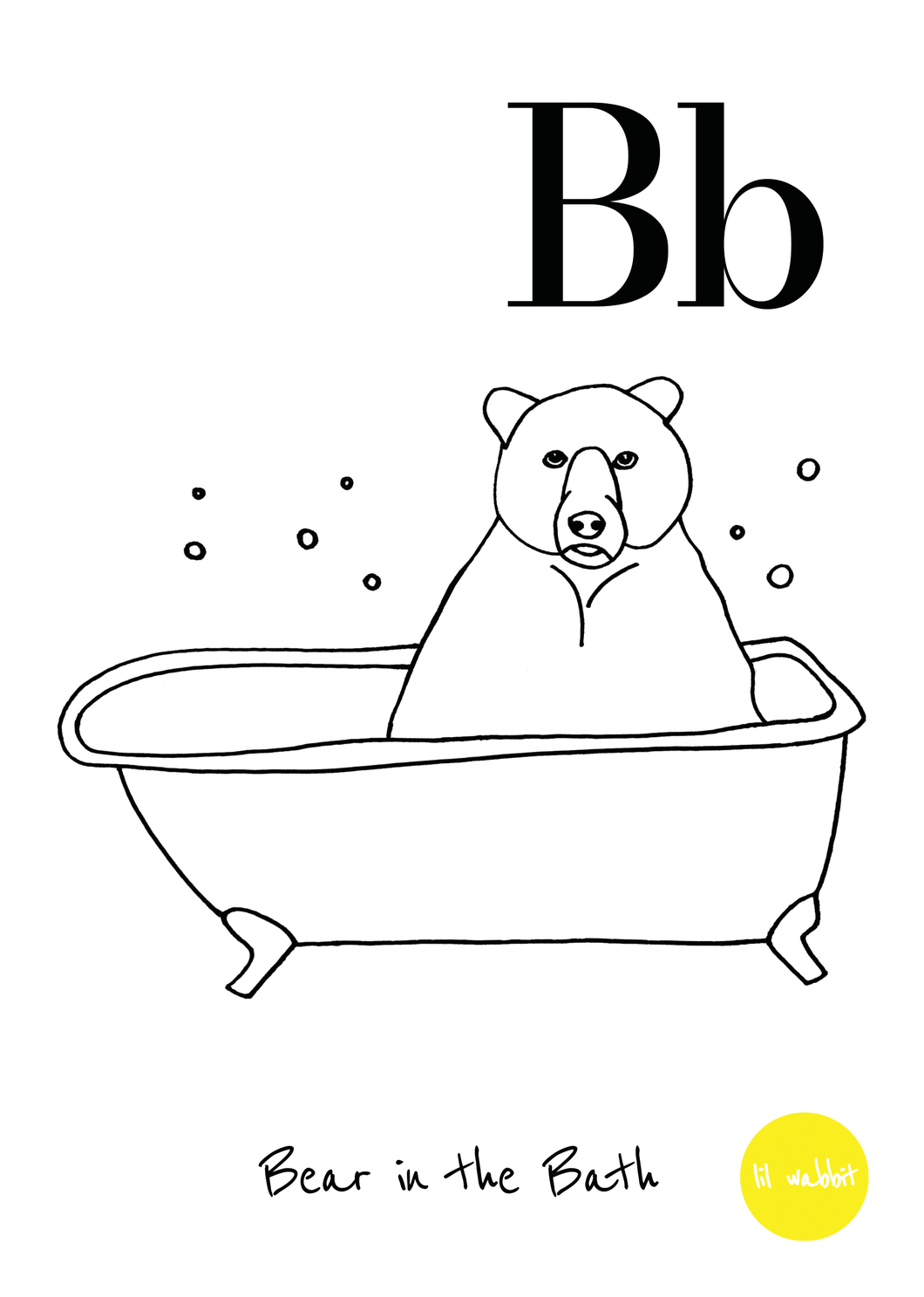 A black animal outline ready to colour in of a bear in the bath