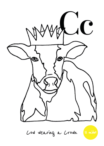 A black animal outline ready to colour in of a cow wearing a crown