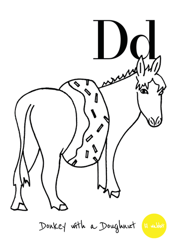 A black animal outline ready to colour in of a donkey wearing a doughnut