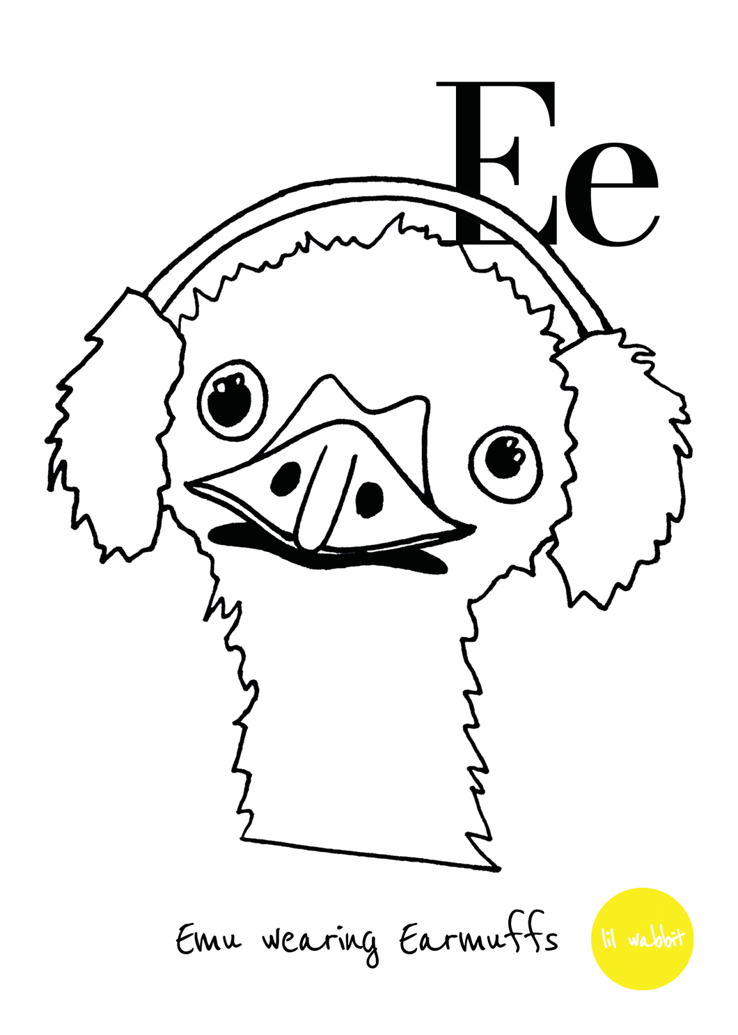 A black animal outline ready to colour in of an emu with earmuffs