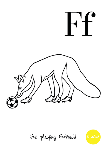 A black animal outline ready to colour in of a fox with a football