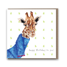 Load image into Gallery viewer, Greetings card with painted giraffe wearing a blue scarf with a fern leaf patterned background
