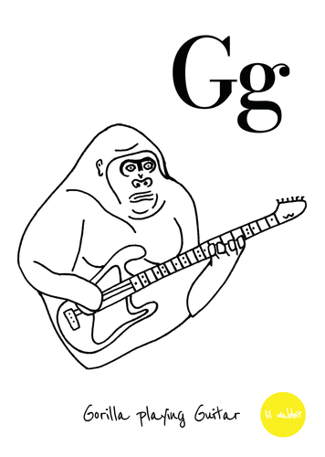 A black animal outline ready to colour in of a giraffe on a guitar 