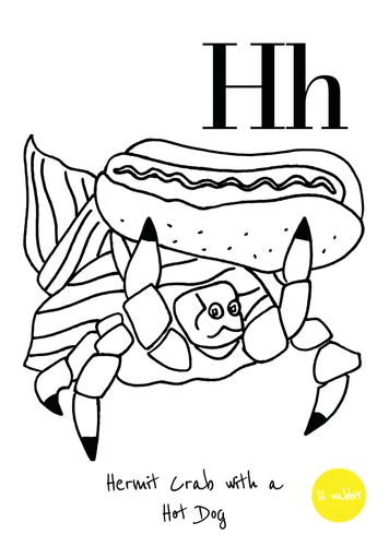 A black animal outline ready to colour in of a hermit crab with a hot dog