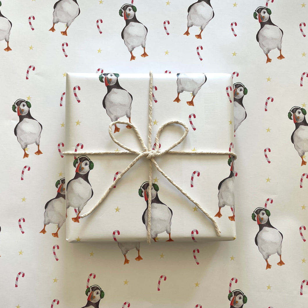 Puffin in Ear Muffs Wrapping Paper Sheet - lil wabbit