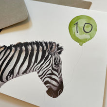 Load image into Gallery viewer, Zebra 10th Birthday Balloon card - lil wabbit
