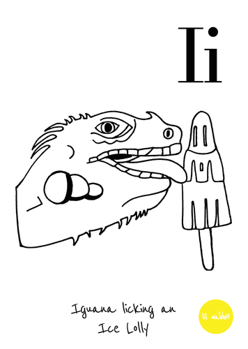 A black animal outline ready to colour in of an iguana licking an ice lolly
