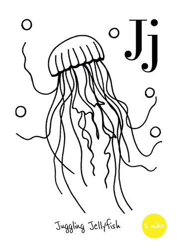 A black animal outline ready to colour in of a juggling jellyfish