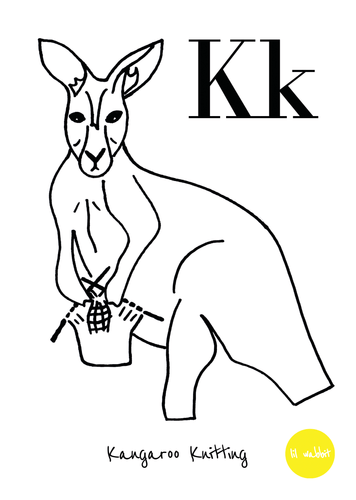 A black animal outline ready to colour in of a kangaroo knitting