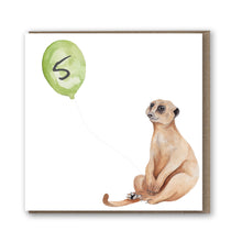 Load image into Gallery viewer, A painting of a meerkat holding a fifth birthday balloon printed on a birthday card
