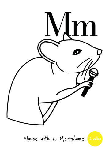 A black animal outline ready to colour in of a mouse with a microphone