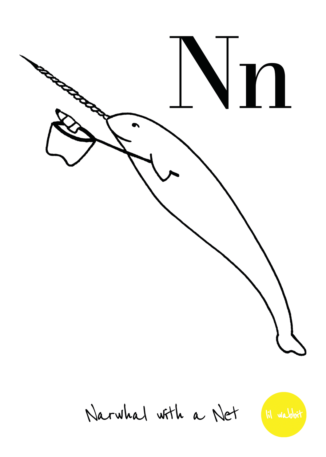 A black animal outline ready to colour in of a narwhal with a net