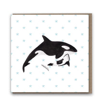 Load image into Gallery viewer, A watercolour painting of an orca parent and baby on a greeting card with a blue star background
