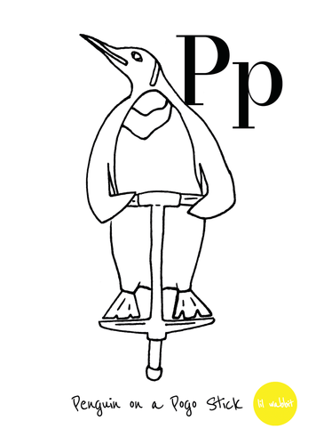 A black animal outline ready to colour in of a penguin on a pogo stick