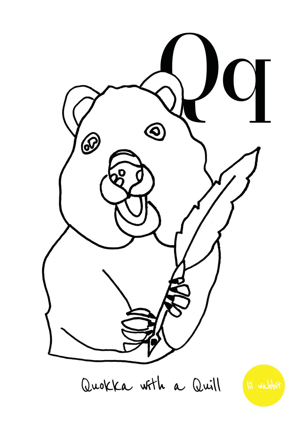 A black animal outline ready to colour in of a quokka with a quill