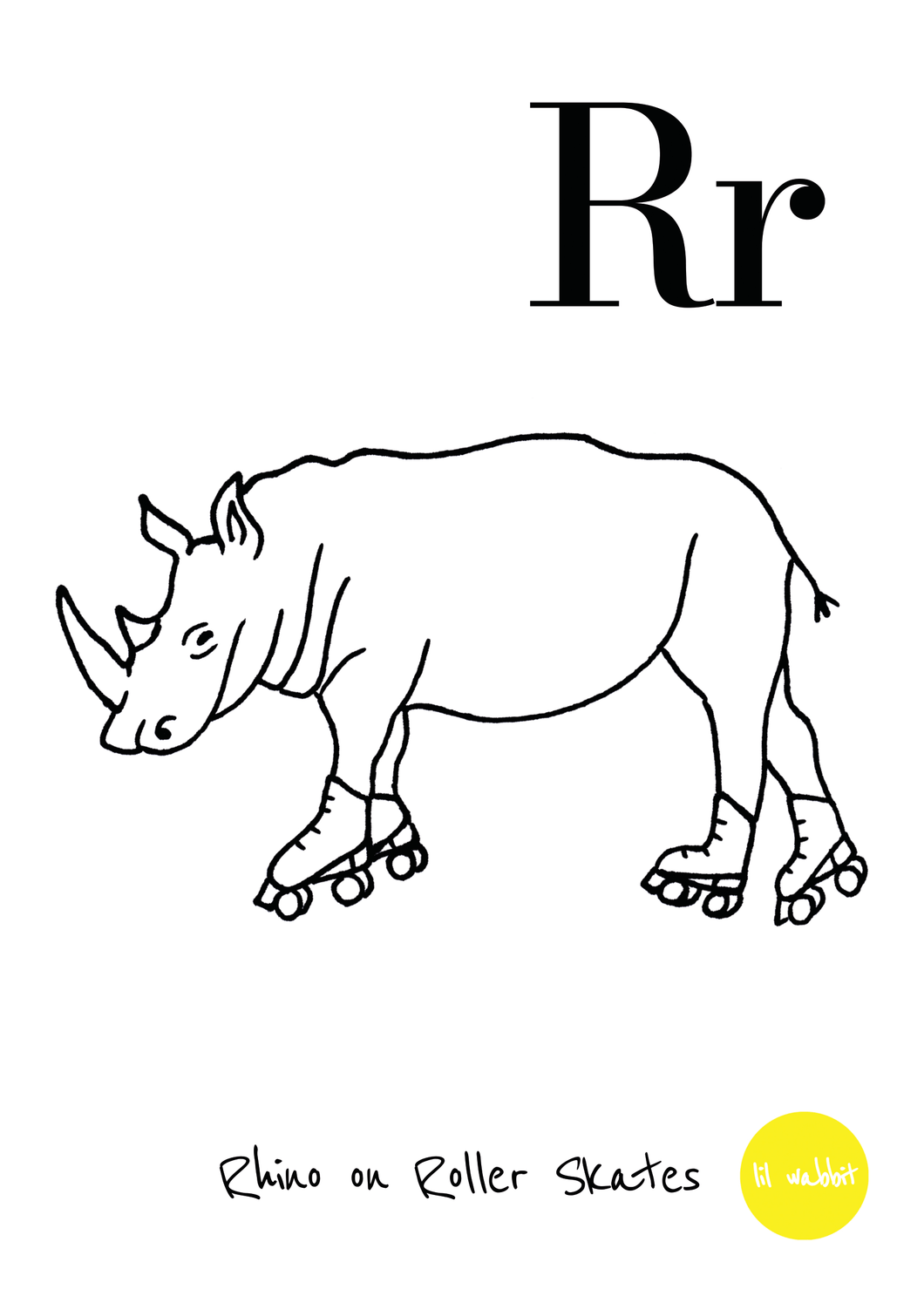 A black animal outline ready to colour in of a rhino on roller skates