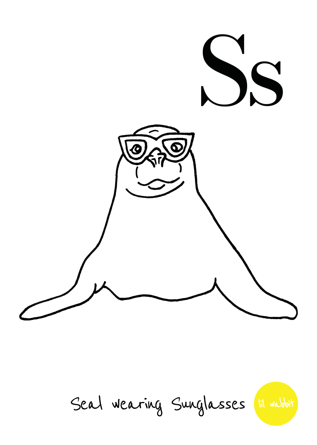 A black animal outline ready to colour in of a seal wearing sunglasses