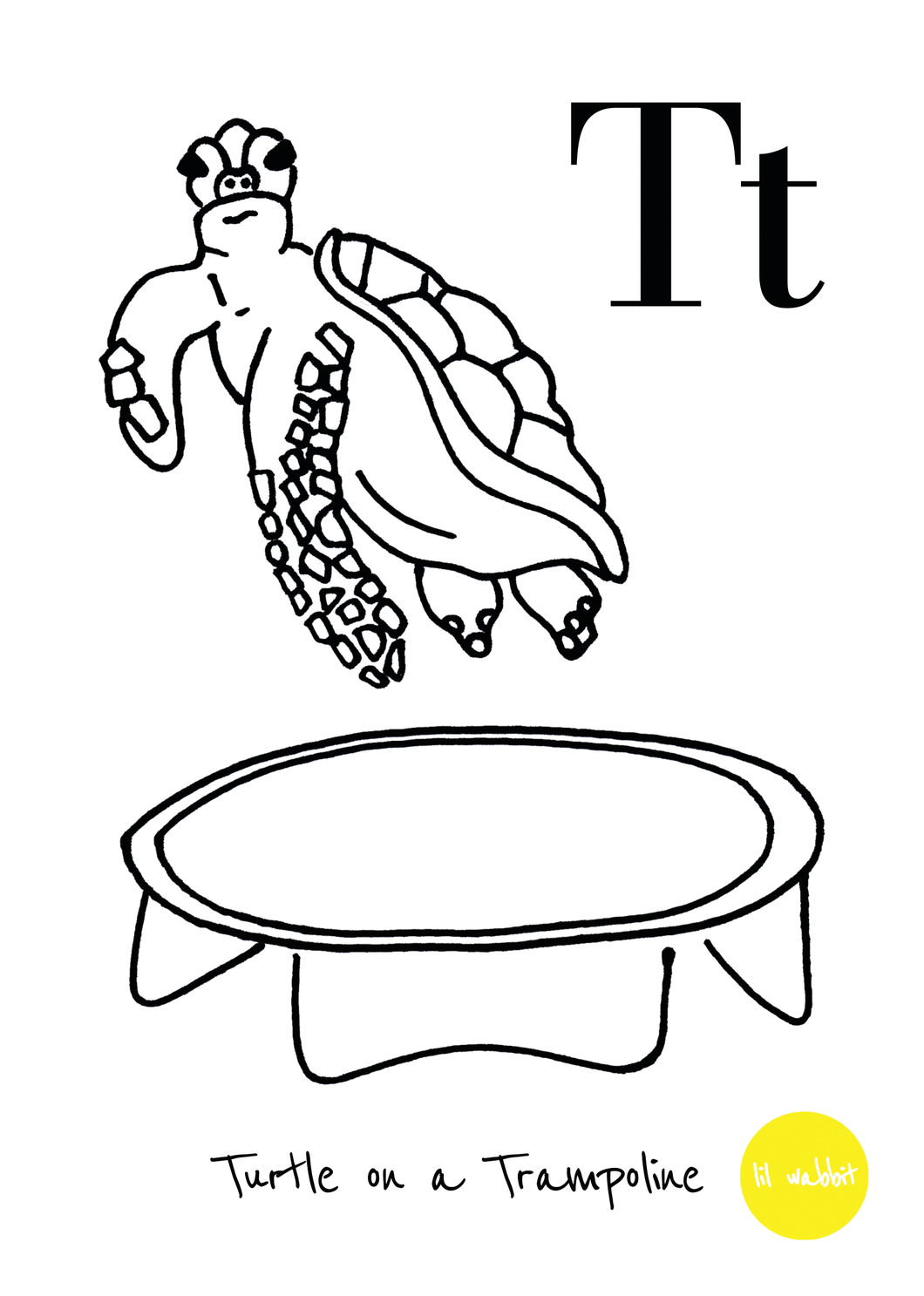 A black animal outline ready to colour in of a turtle on a trampoline