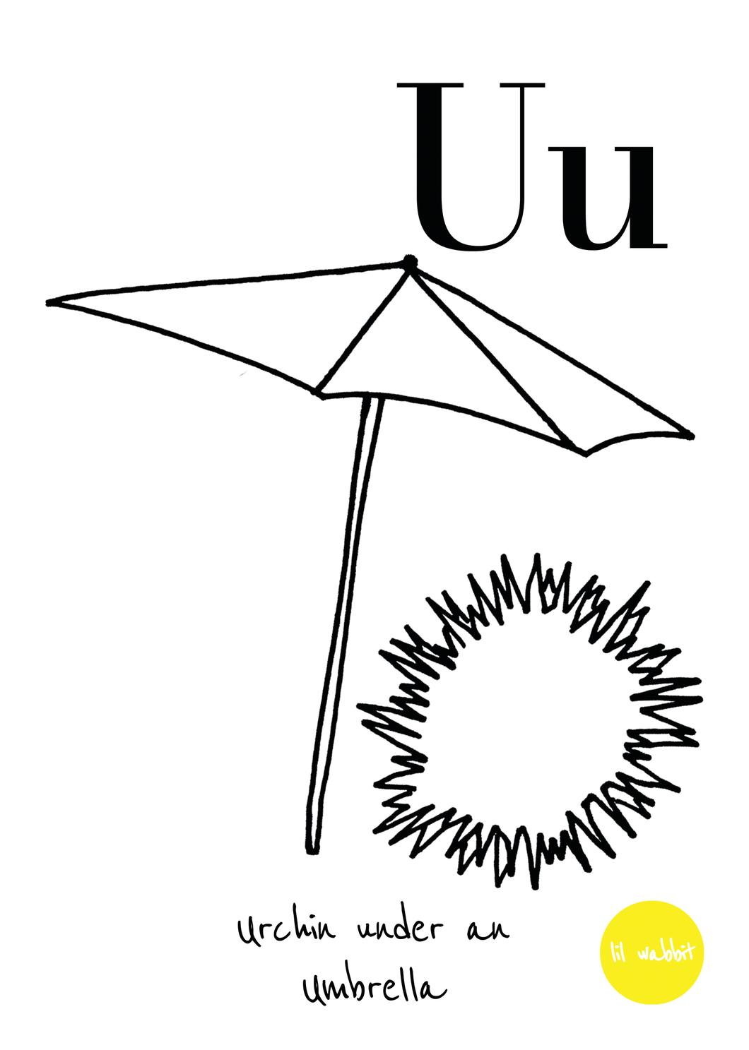 A black animal outline ready to colour in of an urchin with an umbrella 
