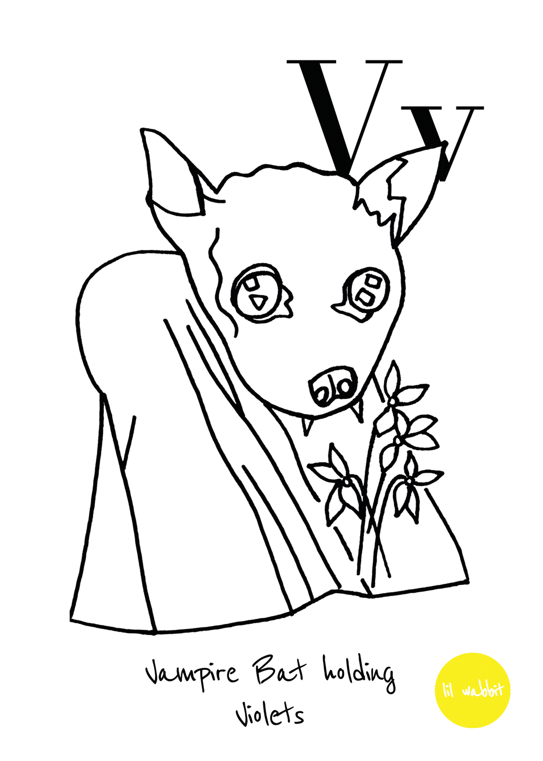 A black animal outline ready to colour in of a vampire bat with violets 